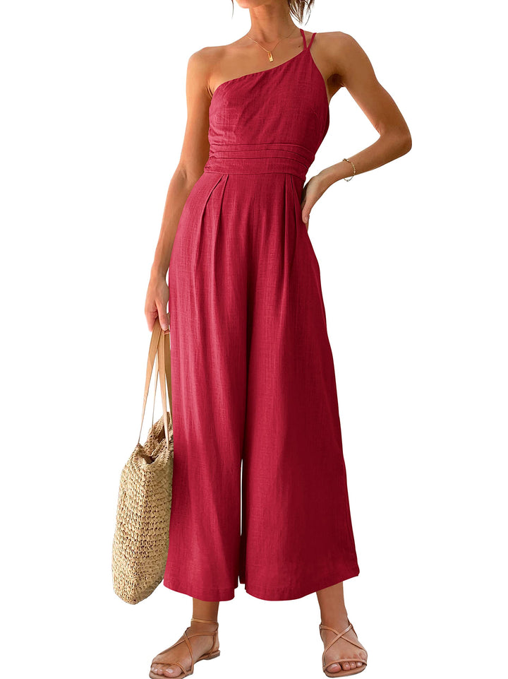 Women's summer lace-up one shoulder pleated high waist casual wide leg jumpsuit with pocket