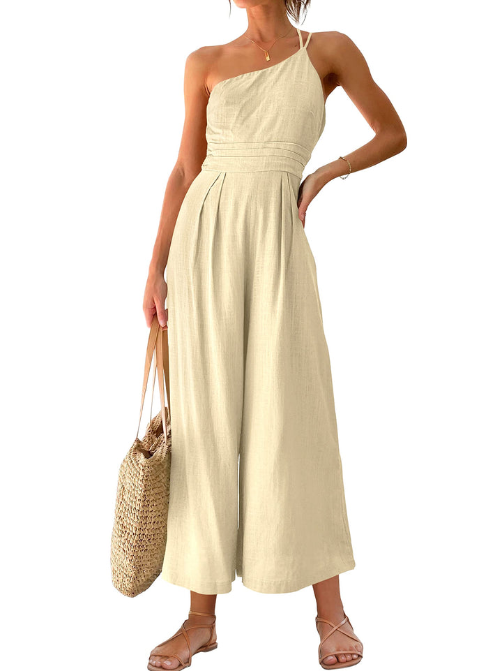 Women's summer lace-up one shoulder pleated high waist casual wide leg jumpsuit with pocket