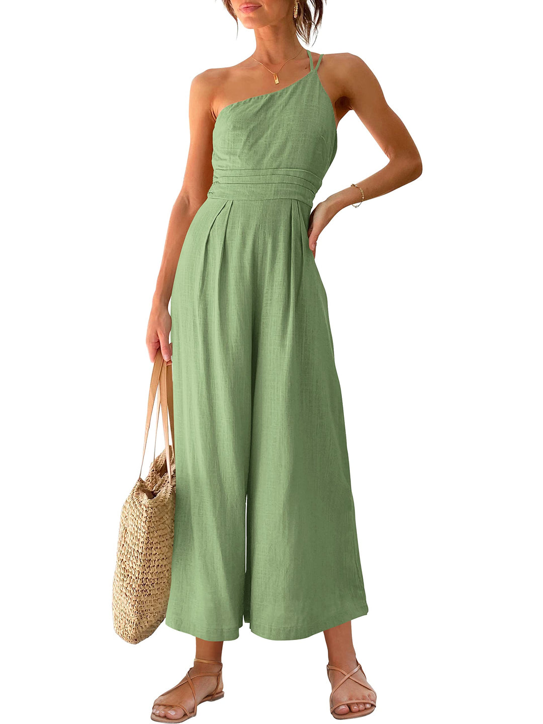 Women's summer lace-up one shoulder pleated high waist casual wide leg jumpsuit with pocket