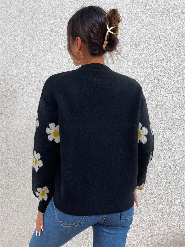 Floral Round Neck Jacquard Knitted Sweater Women's Top