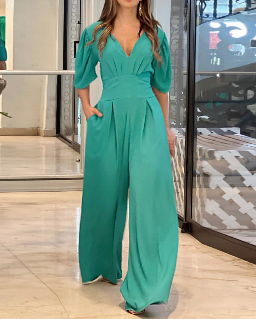 Puff Sleeve V-Neck Jumpsuit