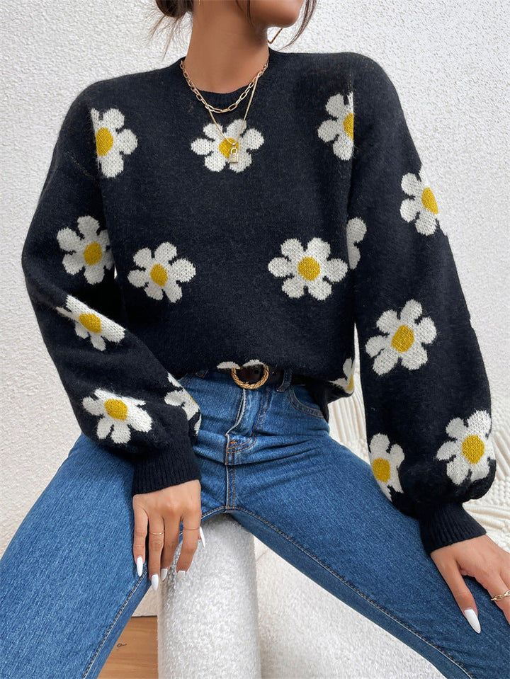 Floral Round Neck Jacquard Knitted Sweater Women's Top