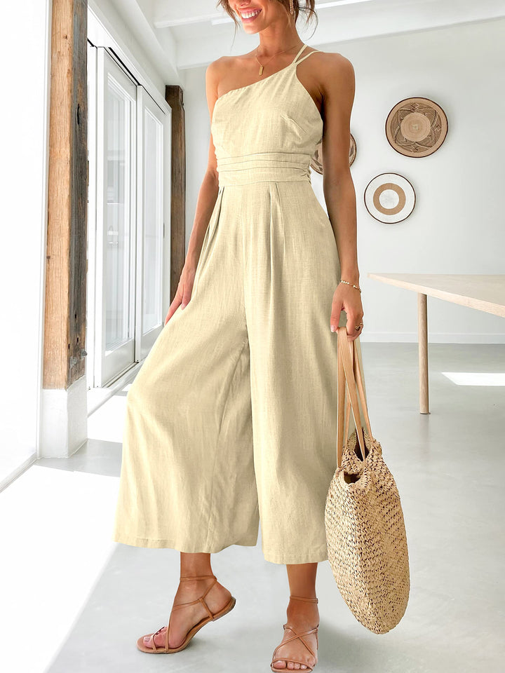 Women's summer lace-up one shoulder pleated high waist casual wide leg jumpsuit with pocket