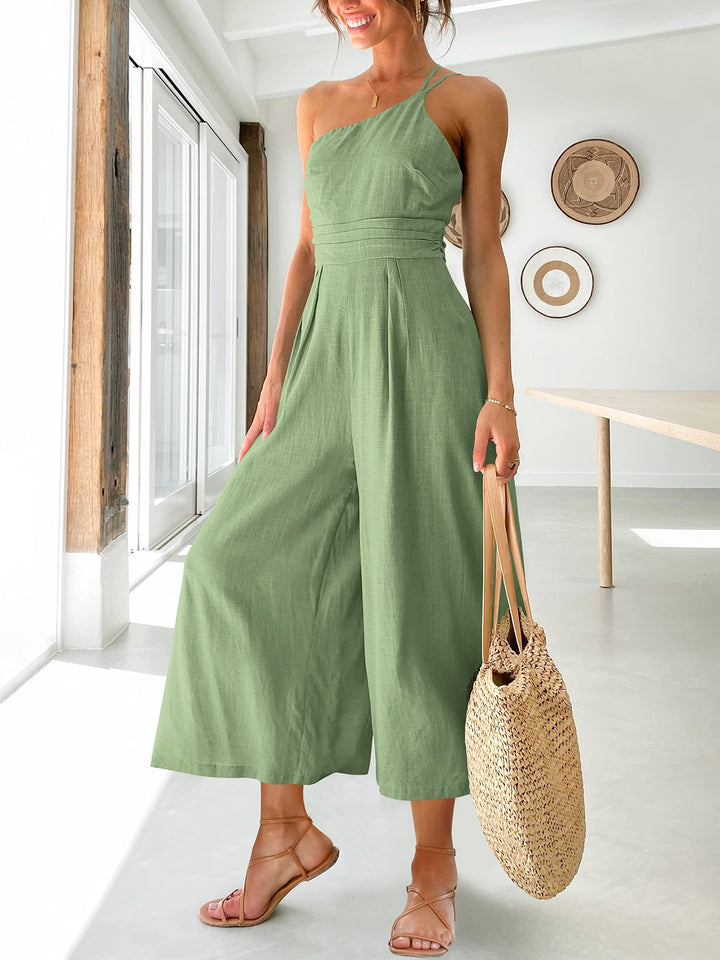 Women's summer lace-up one shoulder pleated high waist casual wide leg jumpsuit with pocket