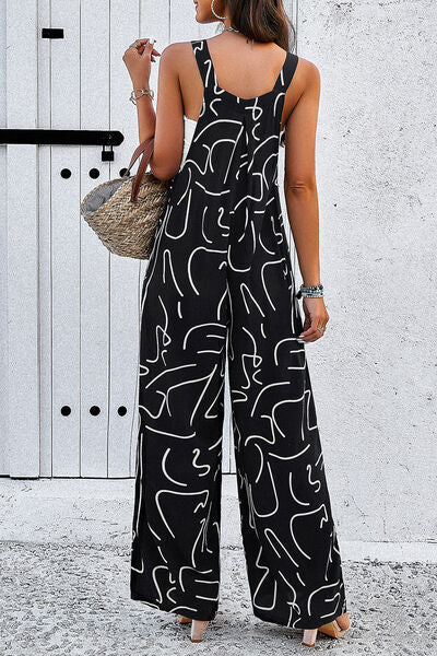 Bedruckter Jumpsuit mit breiten Trägern und Taschen