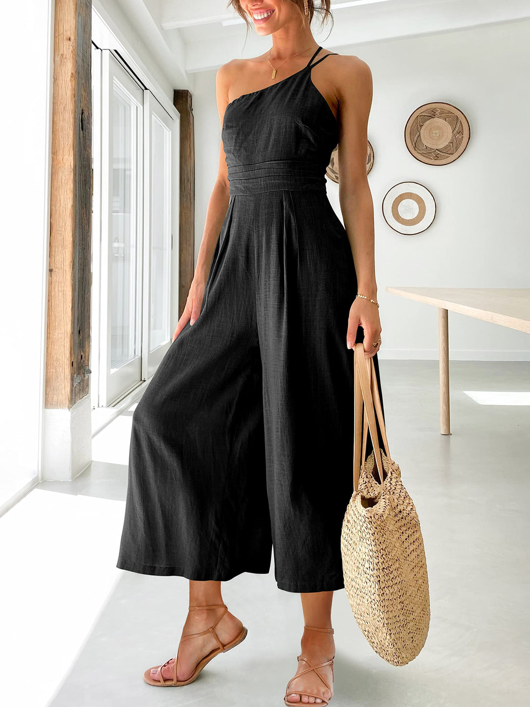 Women's summer lace-up one shoulder pleated high waist casual wide leg jumpsuit with pocket