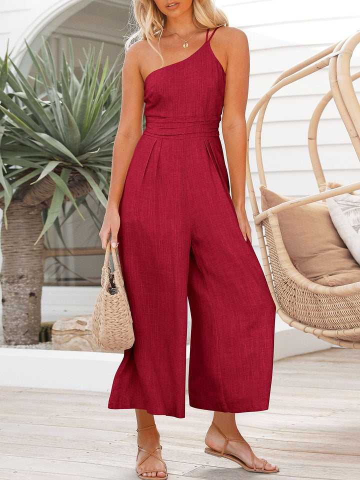 Women's summer lace-up one shoulder pleated high waist casual wide leg jumpsuit with pocket