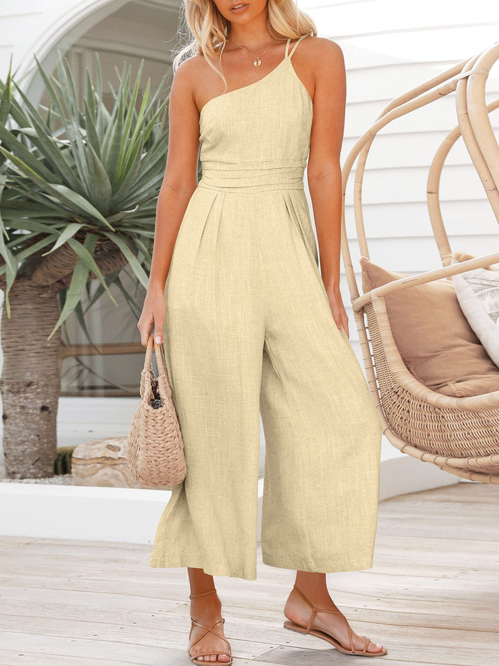 Women's summer lace-up one shoulder pleated high waist casual wide leg jumpsuit with pocket