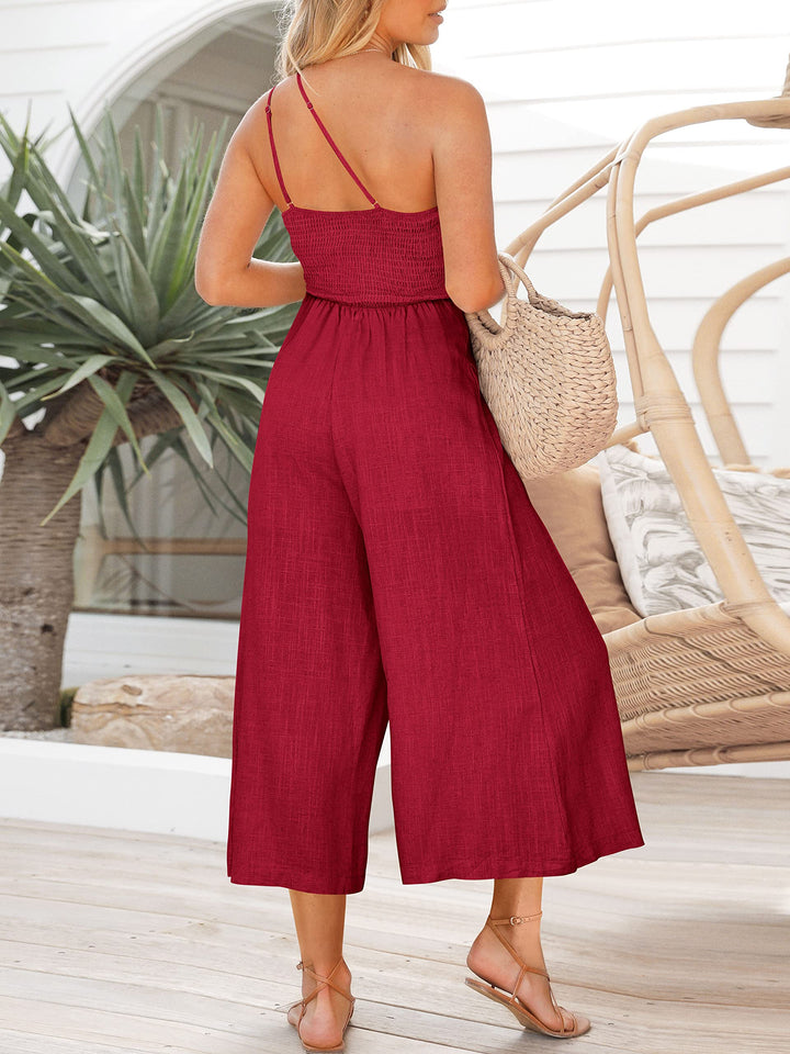 Women's summer lace-up one shoulder pleated high waist casual wide leg jumpsuit with pocket