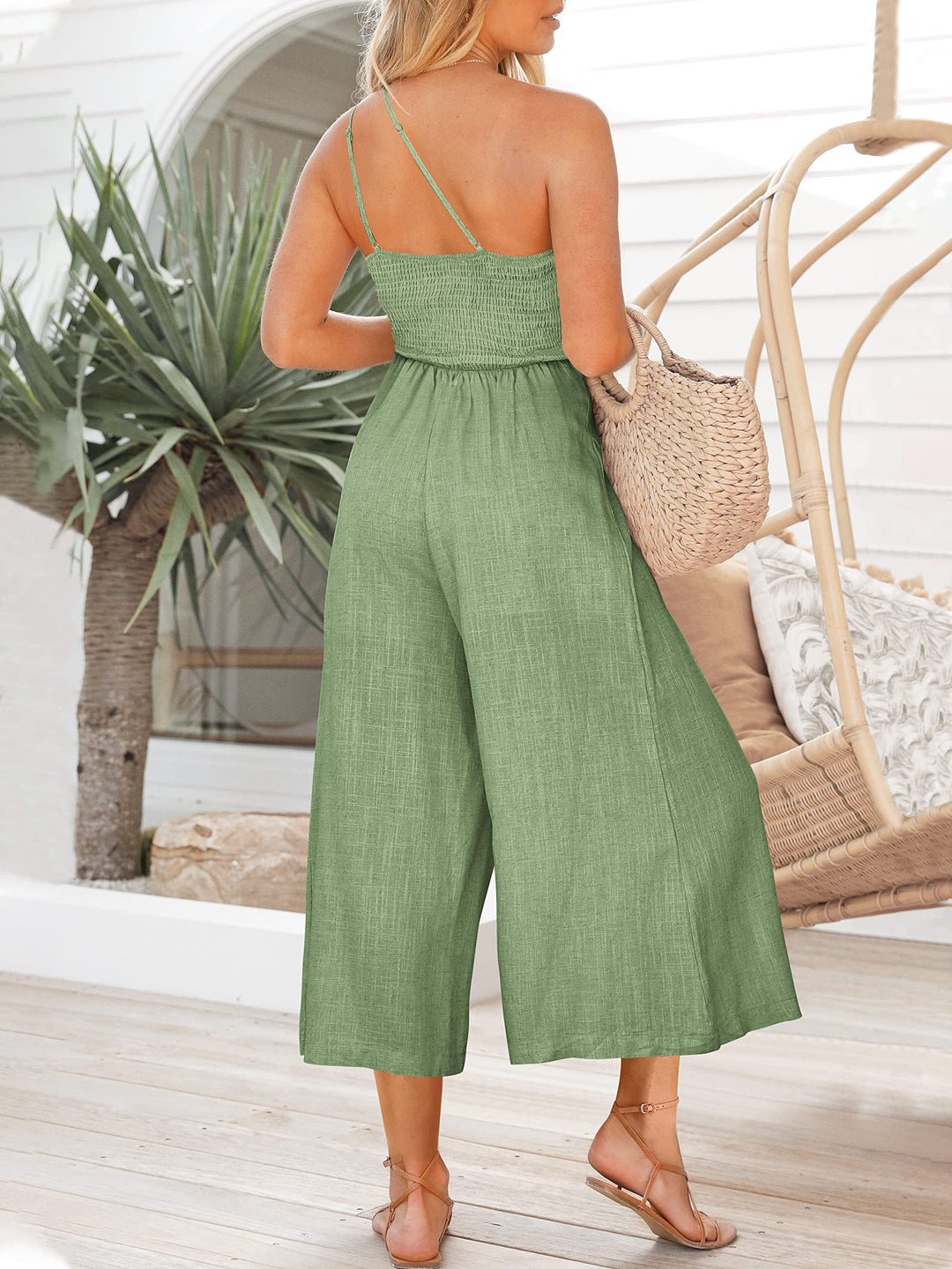 Women's summer lace-up one shoulder pleated high waist casual wide leg jumpsuit with pocket