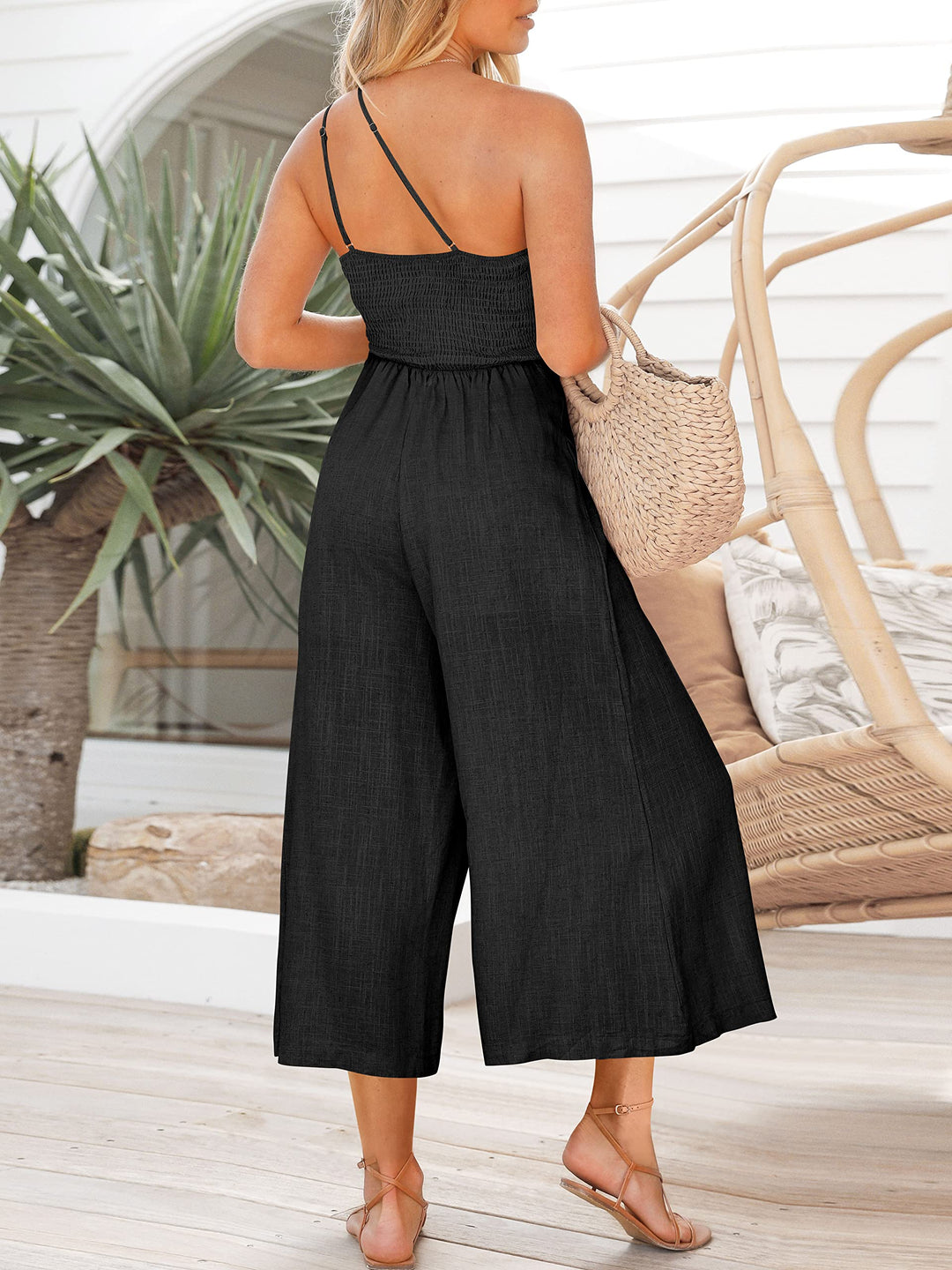 Women's summer lace-up one shoulder pleated high waist casual wide leg jumpsuit with pocket