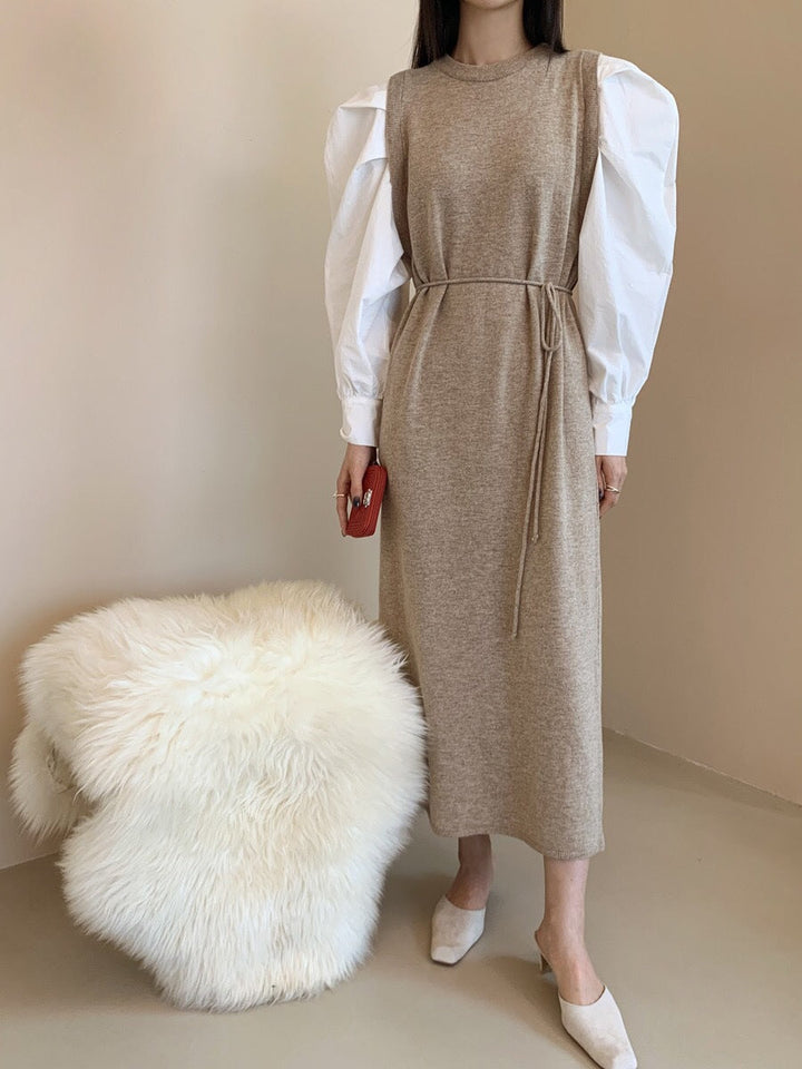 Puff Sleeve Round Neck Elegant Color Knit Dress