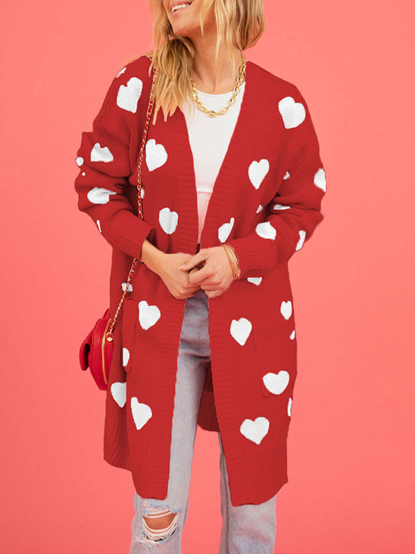 Women's Knitted Colorblock Love Heart Pattern V Neck Open Front Coat