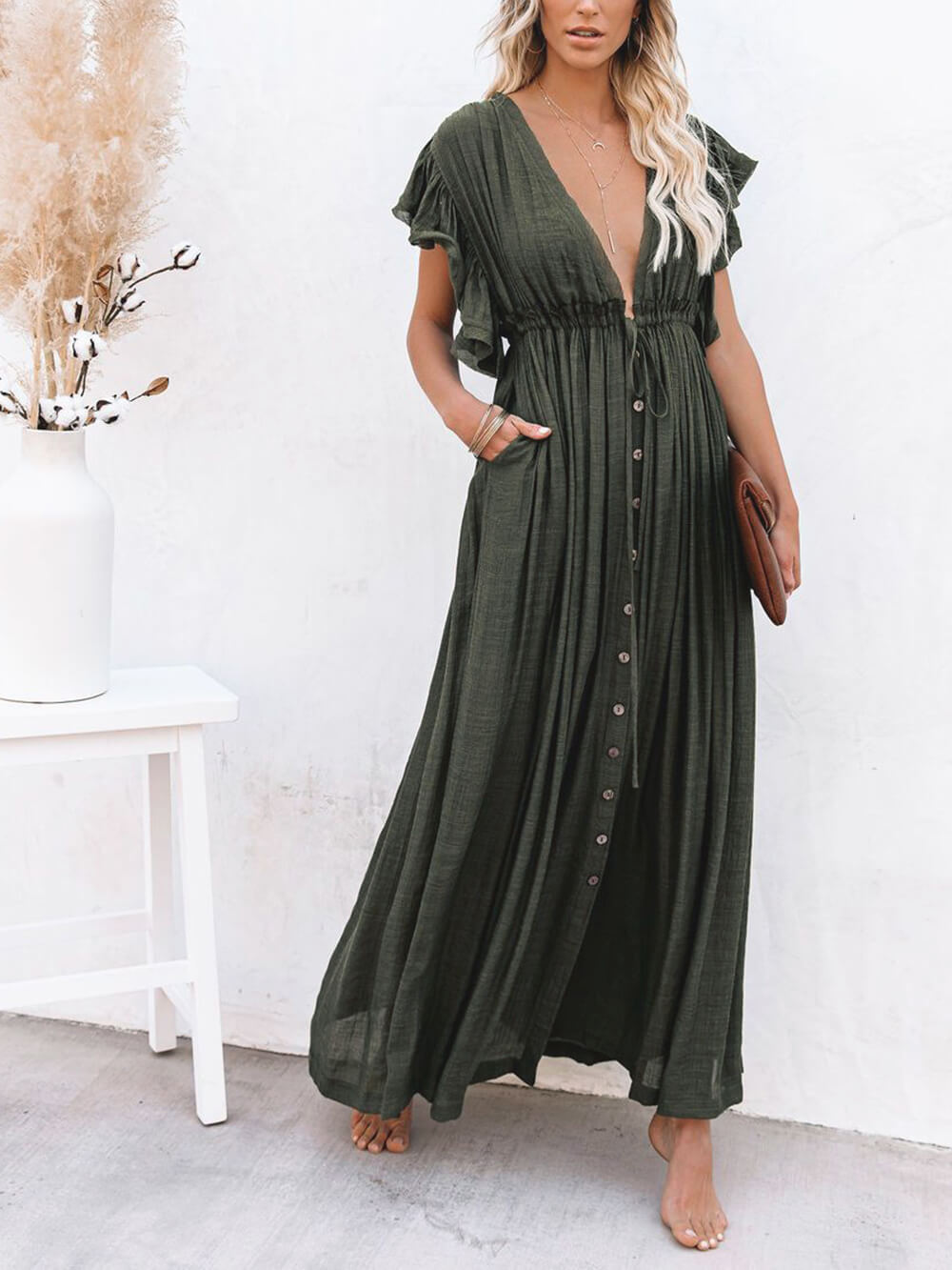 Abito maxi Boho da spiaggia perfetto in lino e cotone con bottoni