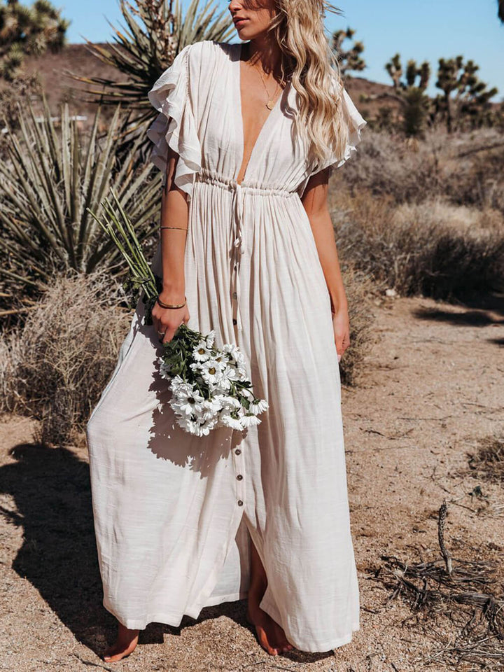 Abito maxi Boho da spiaggia perfetto in lino e cotone con bottoni