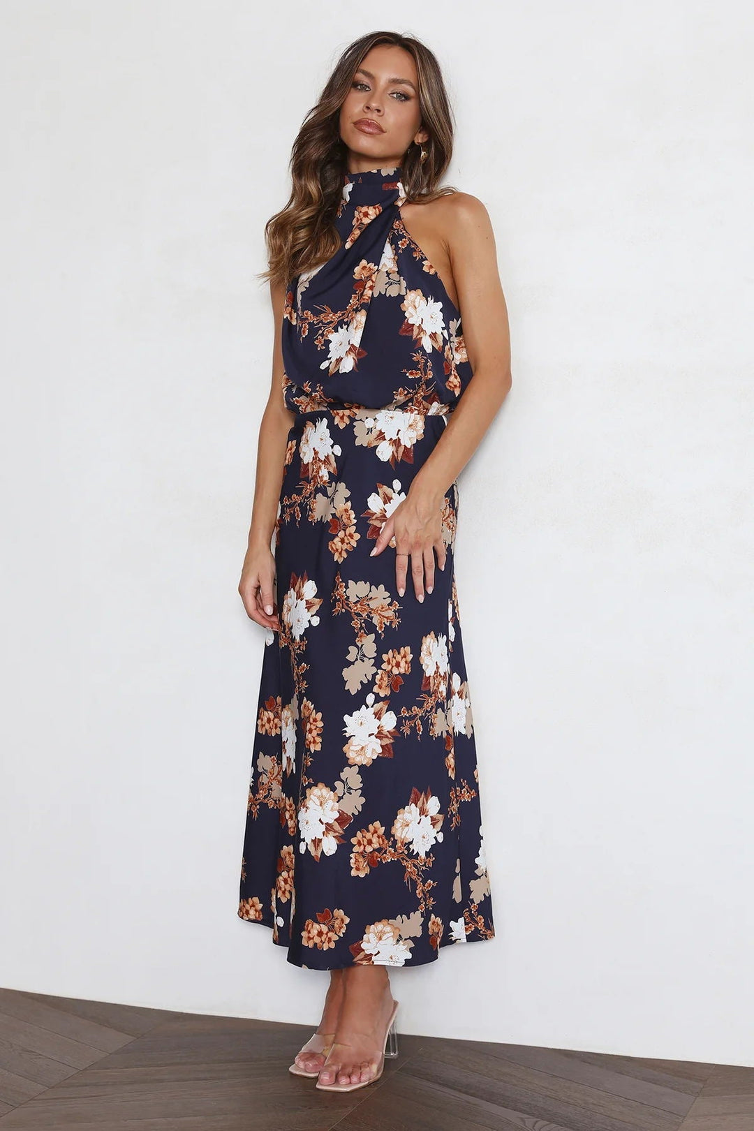 Wine Country Dates Floral Halter Neck Elastic Waist Maxi Dress