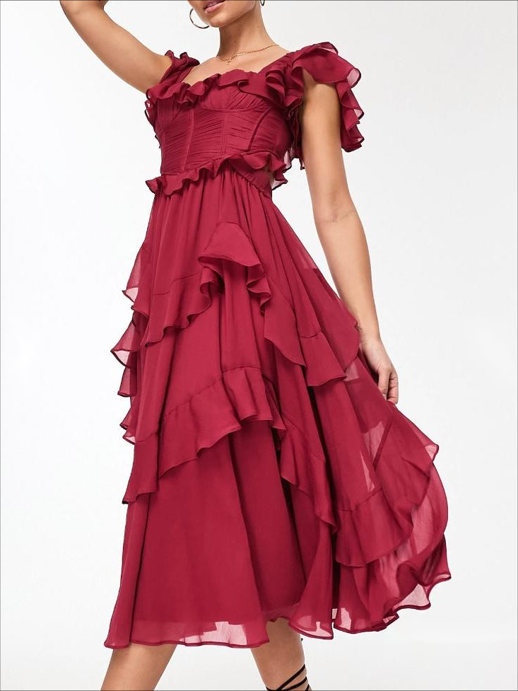 Flutterärm Ruched Corset Detail Tiered Midi Dress In Berry