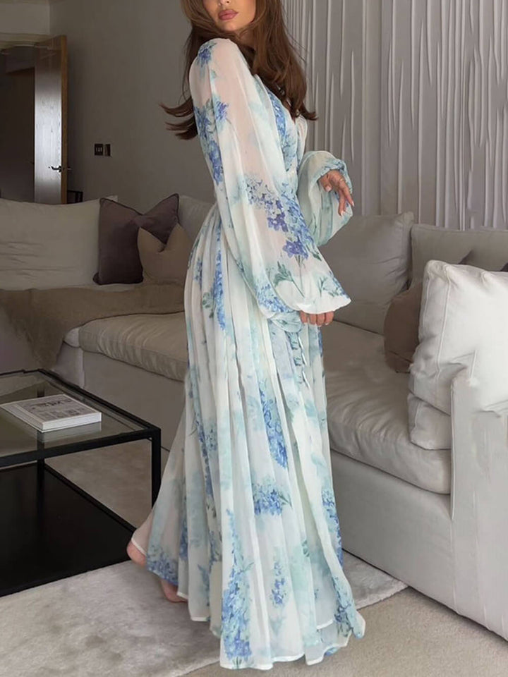 Vestido maxi floral de chiffon flor oceano com cordão na cintura