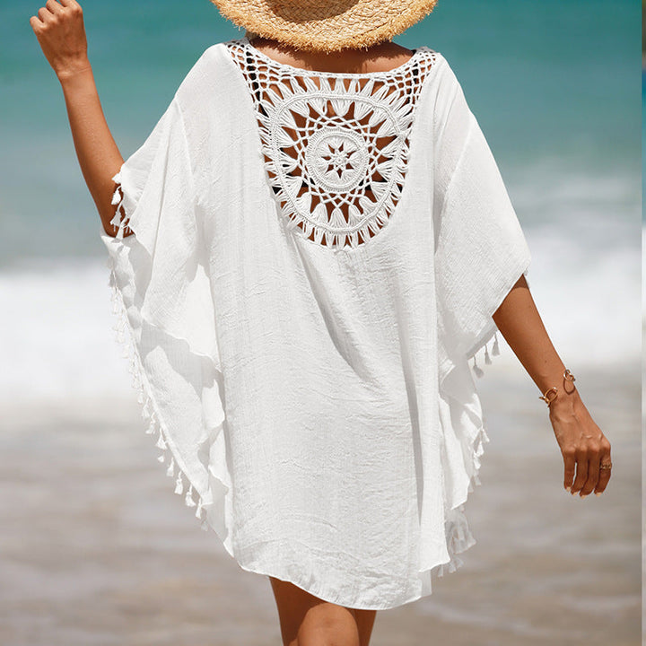 Handgehaakte losse franje zonnebloem strandblouse cover-up