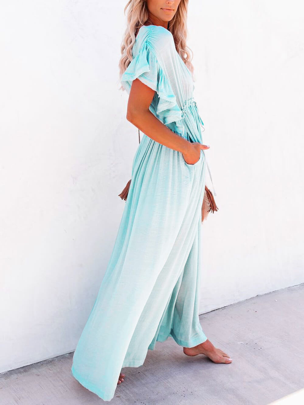 Abito maxi Boho da spiaggia perfetto in lino e cotone con bottoni