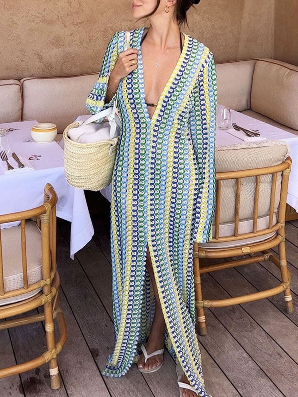 Vestido maxi boho com decote em V, manga sino, listrado ondulado, crochê, férias na praia