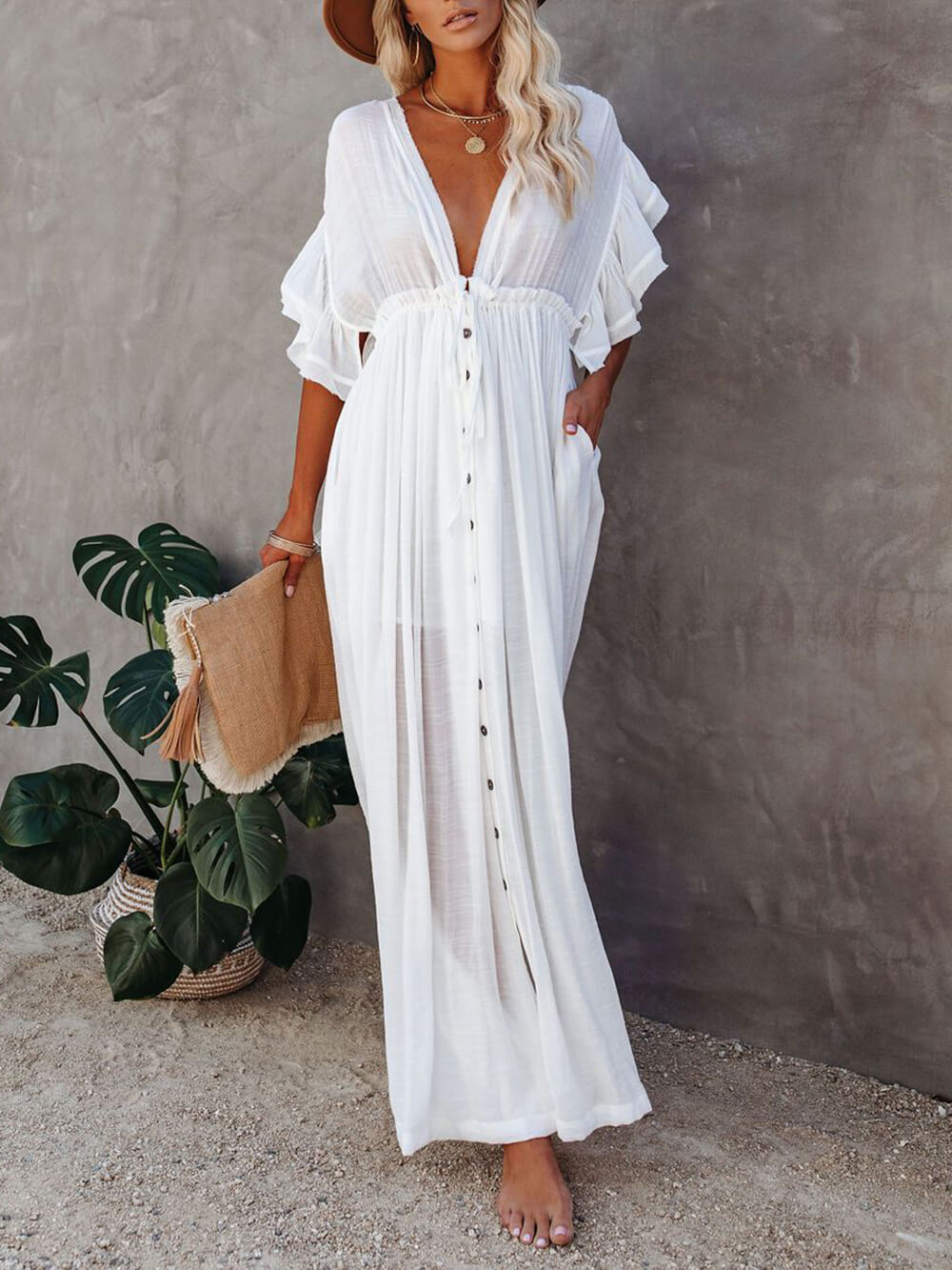 Button Cotton Linen Perfect Beach Boho Maxi Dress