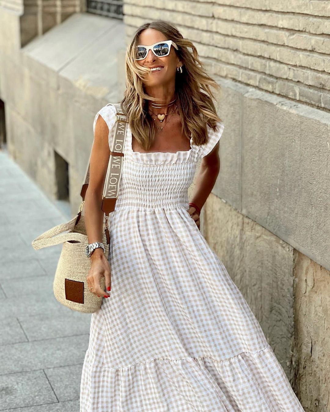 Plaid Ruffled-Sleeve Smocked Midi Dress