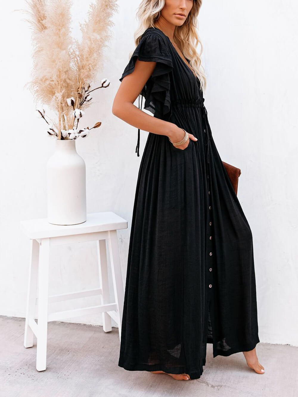 Abito maxi Boho da spiaggia perfetto in lino e cotone con bottoni