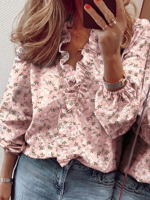 Casual Ruffled V neck Long Sleeve Top