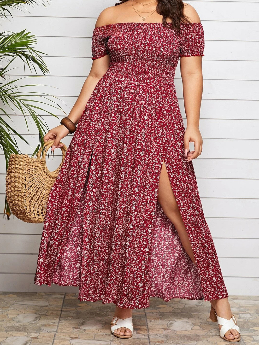 Plus-Size Bohemian Print Plisserad off-the-shoulder slits Casual midiklänning