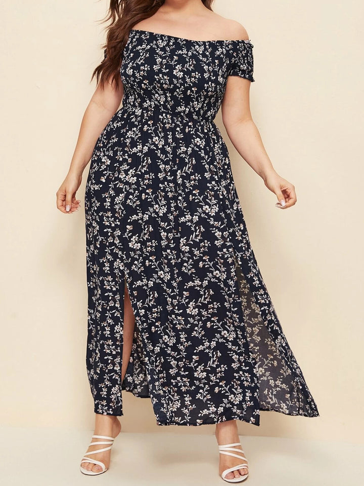 Plus-Size Bohemian Print Pleated Off-The-Shoulder Slit Casual Midi Dress