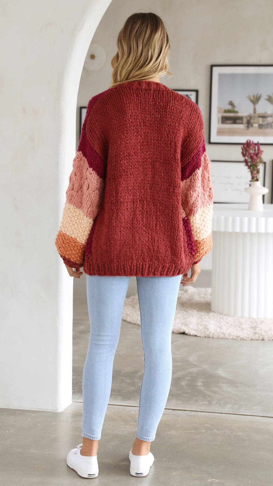 Rödrandig Casual Knit Cardigan