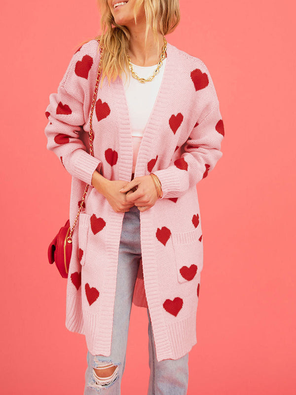 Women's Knitted Colorblock Love Heart Pattern V Neck Open Front Coat