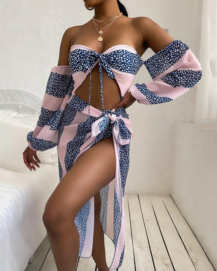 Striped Spots Print Long Sleeve Bikini Swimsuit Two-piece Suit