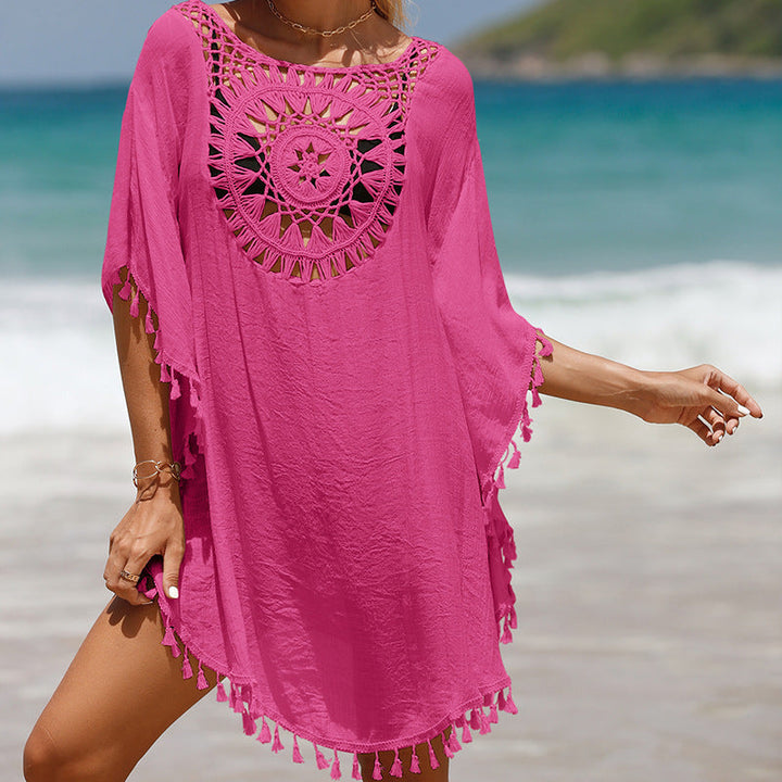 Blusa de playa de girasol con flecos sueltos de ganchillo a mano