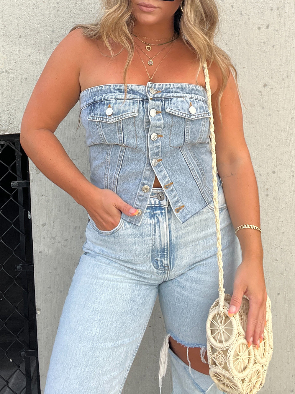 Top a corsetto in denim britannico