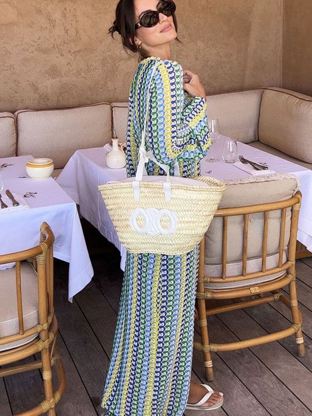 Vestido maxi boho com decote em V, manga sino, listrado ondulado, crochê, férias na praia