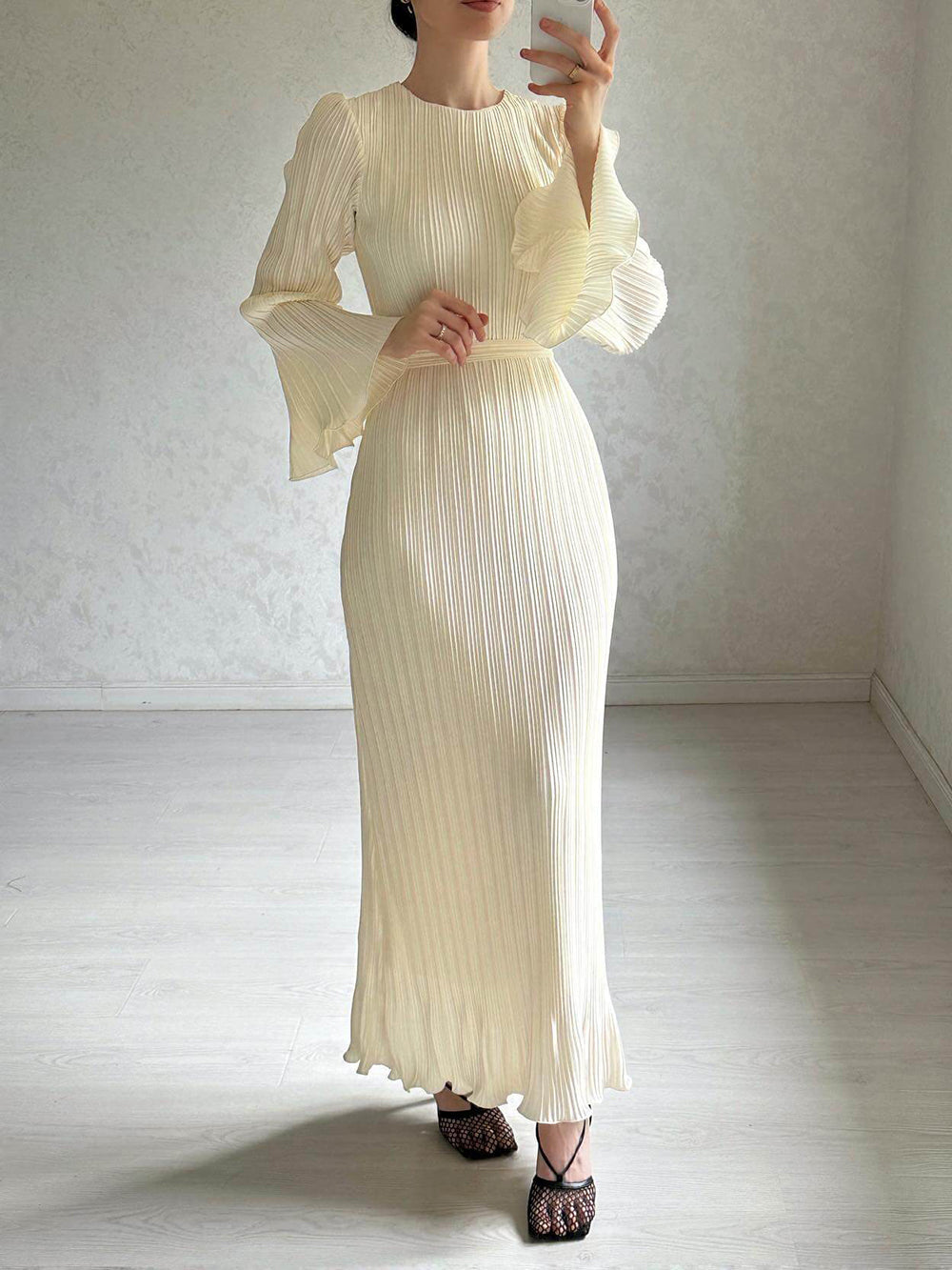 Pleated Bell Sleeve Maxi Dress