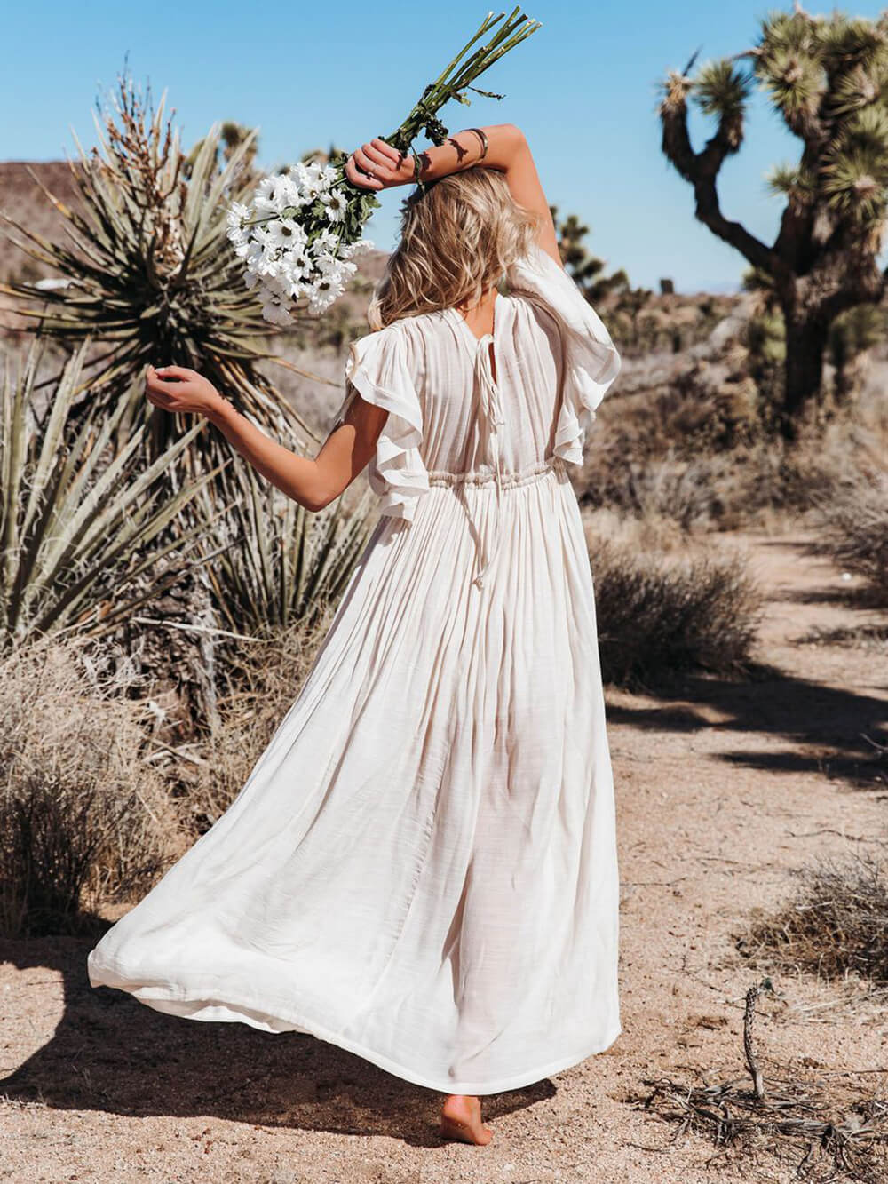 Abito maxi Boho da spiaggia perfetto in lino e cotone con bottoni