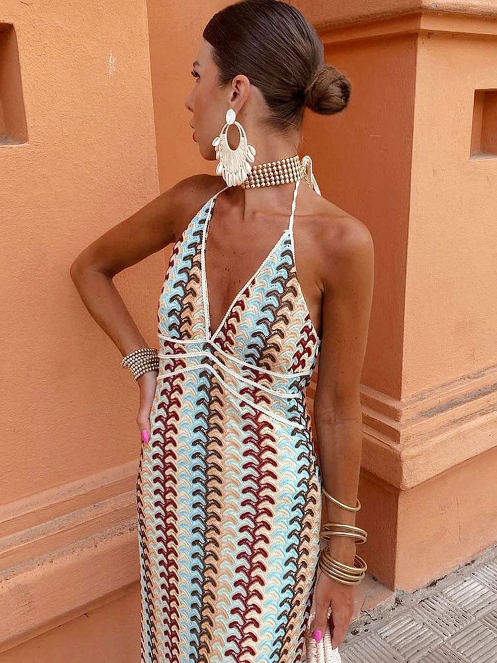 Vestidos largos de vacaciones ajustados de punto con estampado bohemio sin espalda con cuello en V y cuello halter