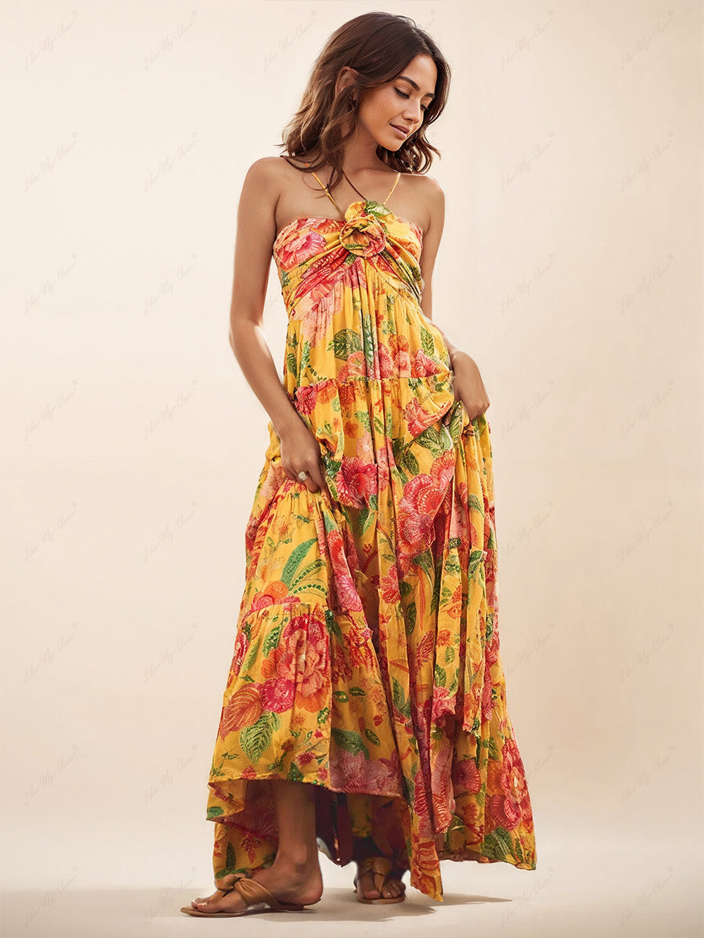 Hanging Neck Printed Floral Design Backless Straight Maxi Dress