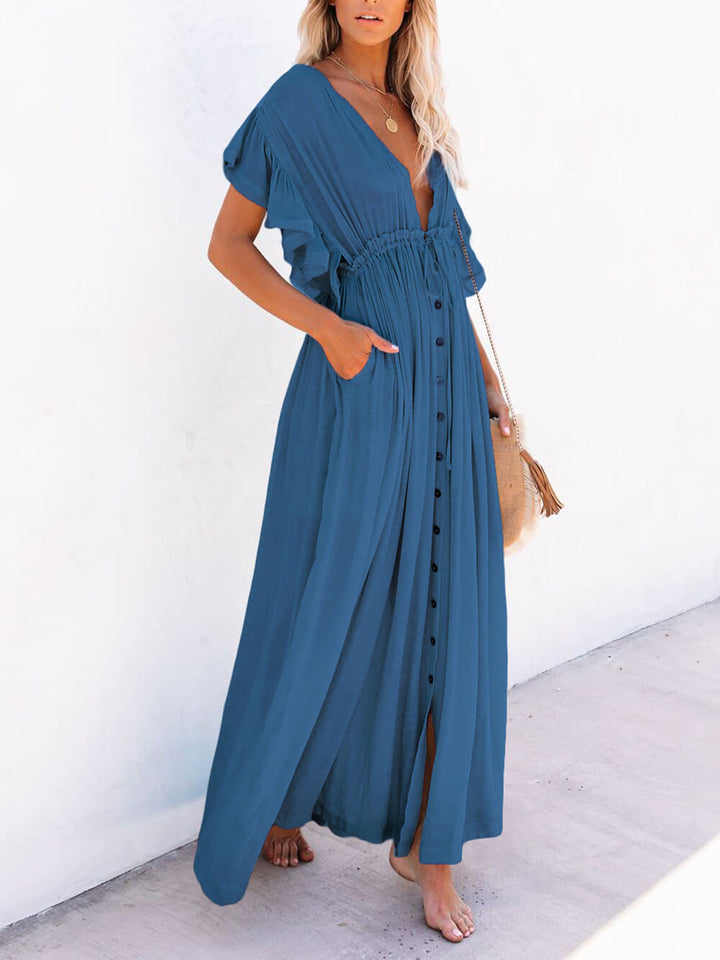 Abito maxi Boho da spiaggia perfetto in lino e cotone con bottoni