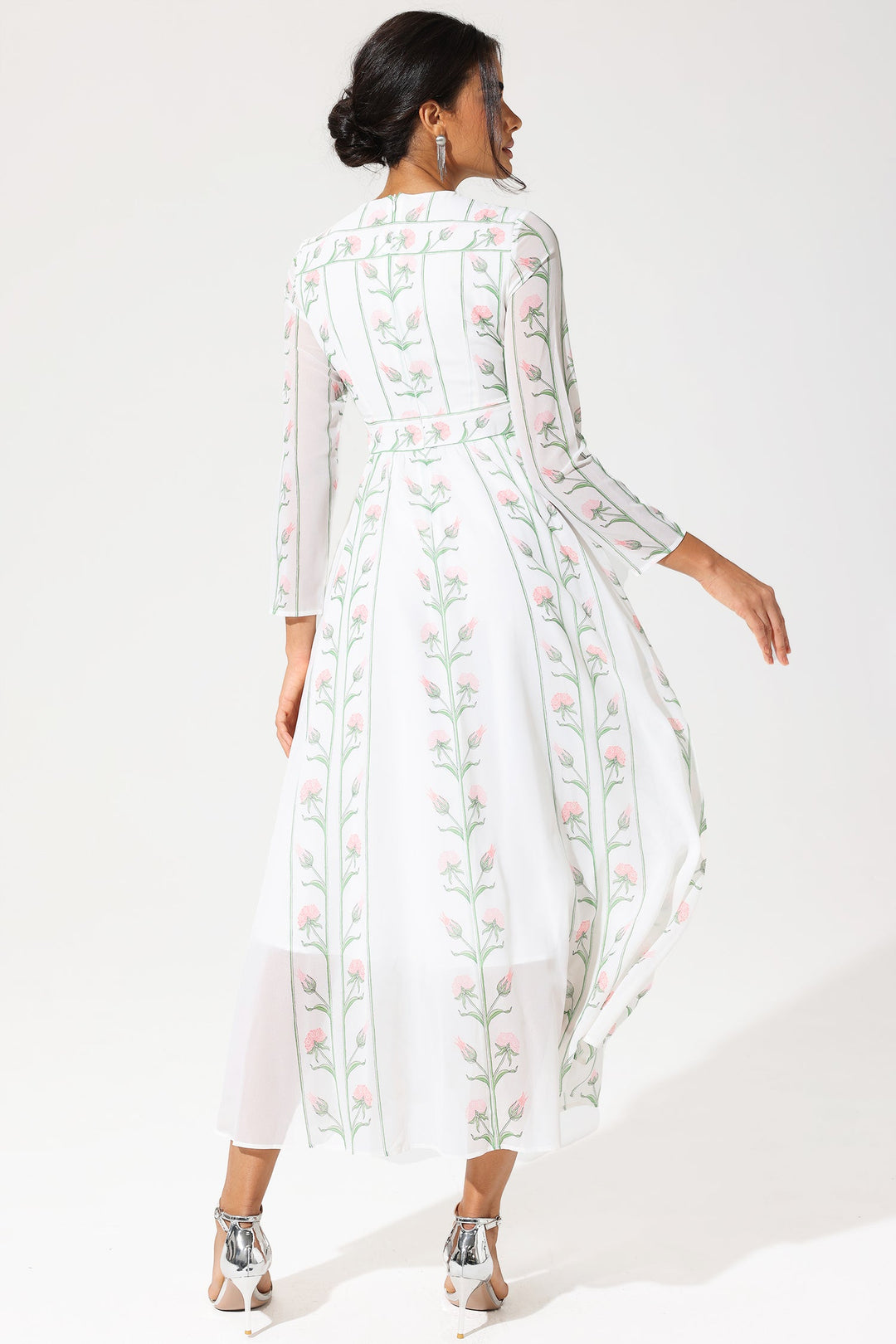 Floral Long Sleeve Crew Collar Silk Georgette Midi Dress