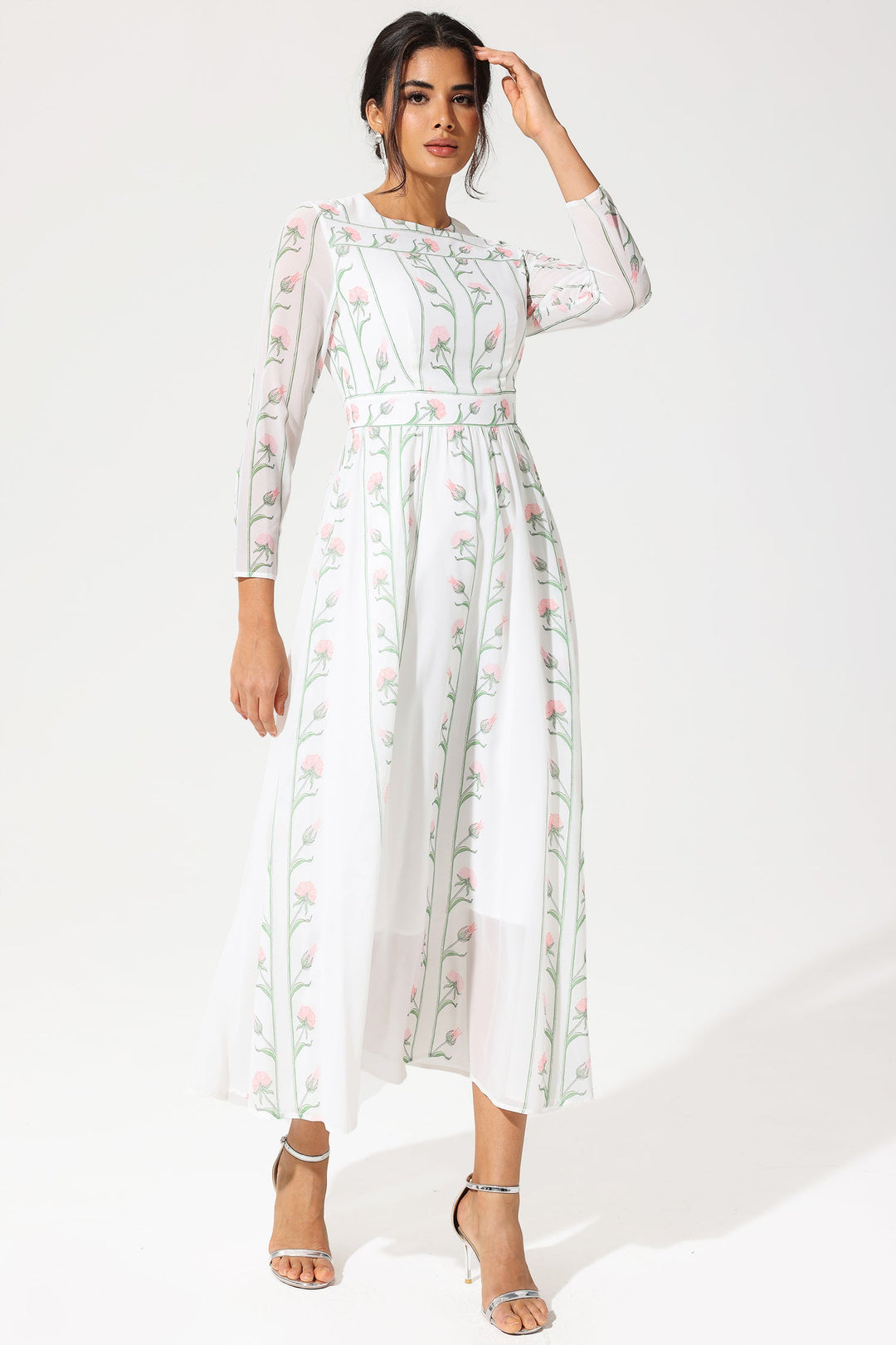 Floral Long Sleeve Crew Collar Silk Georgette Midi Dress