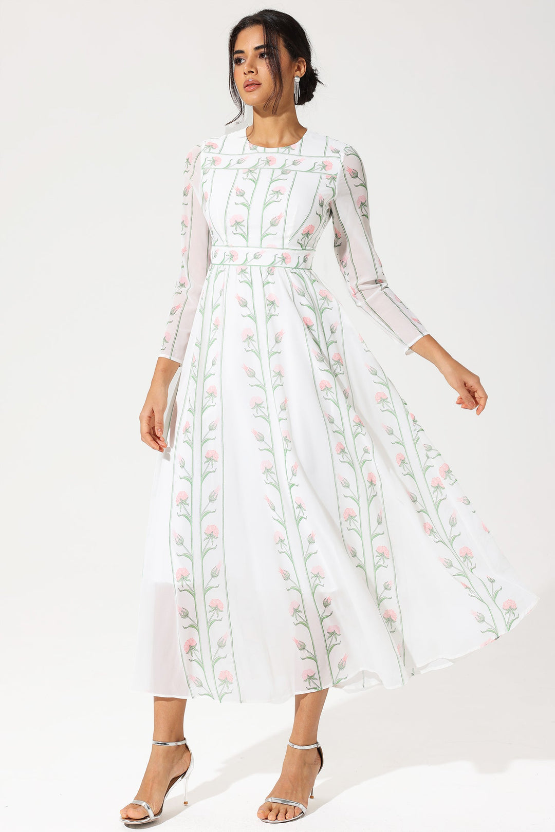 Floral Long Sleeve Crew Collar Silk Georgette Midi Dress