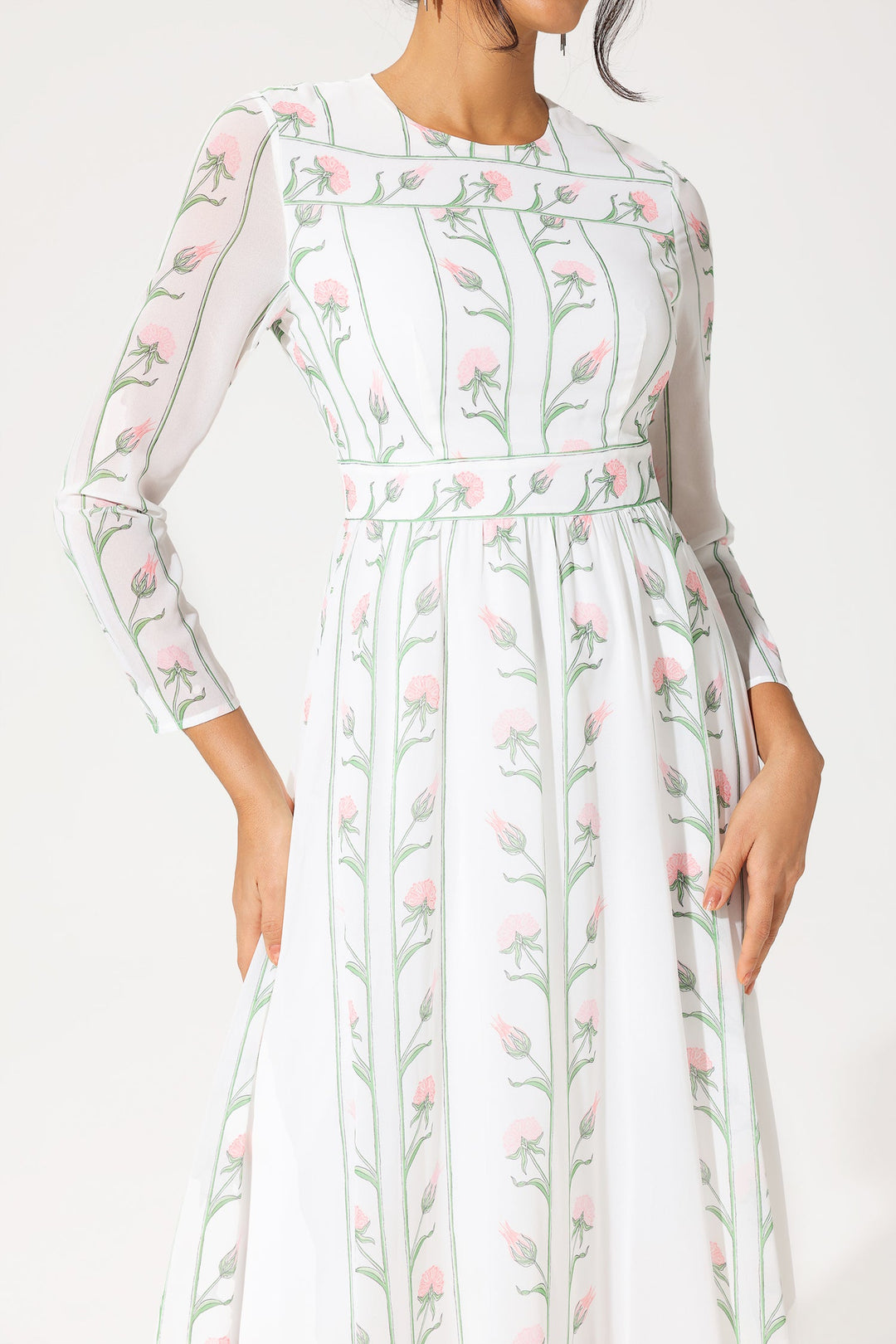 Floral Long Sleeve Crew Collar Silk Georgette Midi Dress