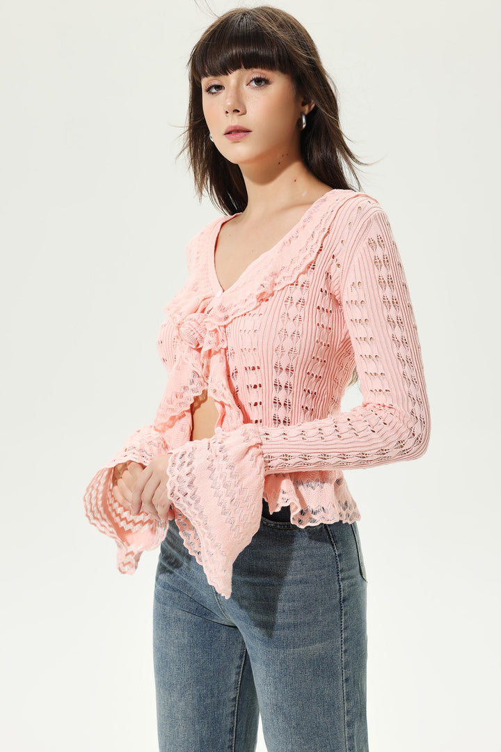 Long Sleeve V-Neck Flared Sleeve Frill Hem Knit Cardigan Pink