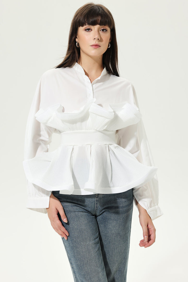 Lantern Sleeve Crew Collar Fungus Frill Belted Shirt White