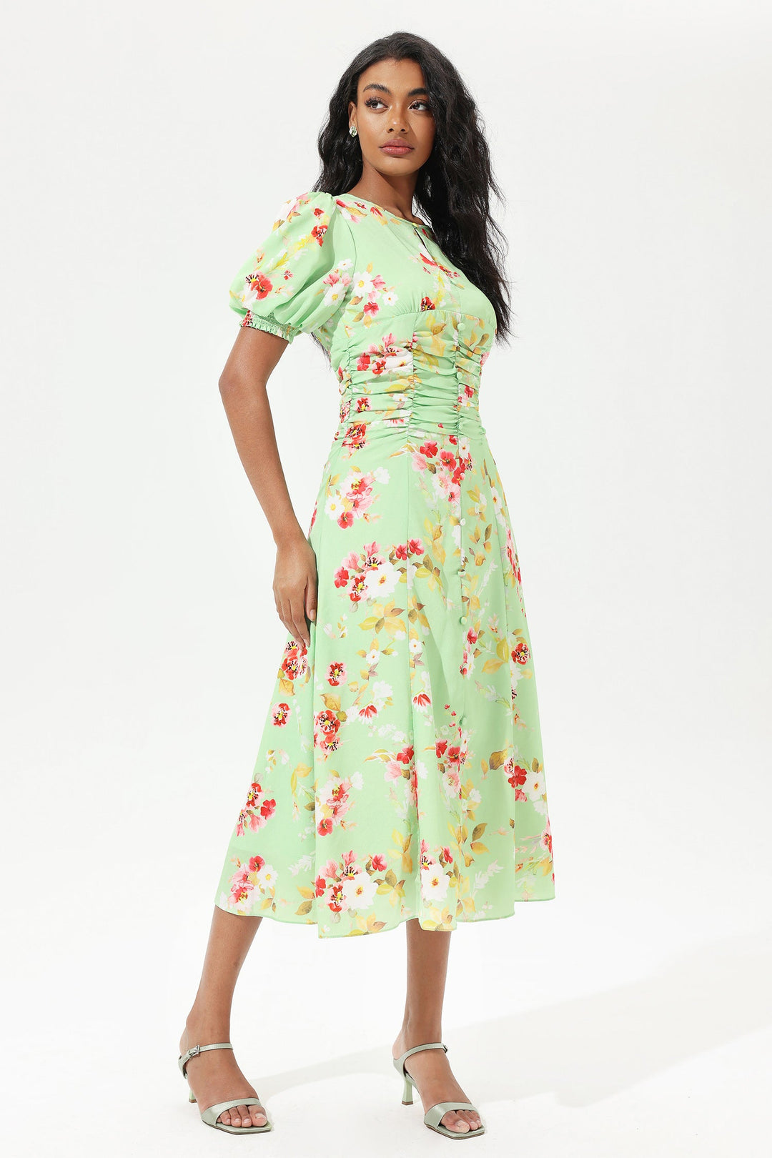 Printed Puff Sleeve Crew Collar Waist Pleated Midi Dress Green