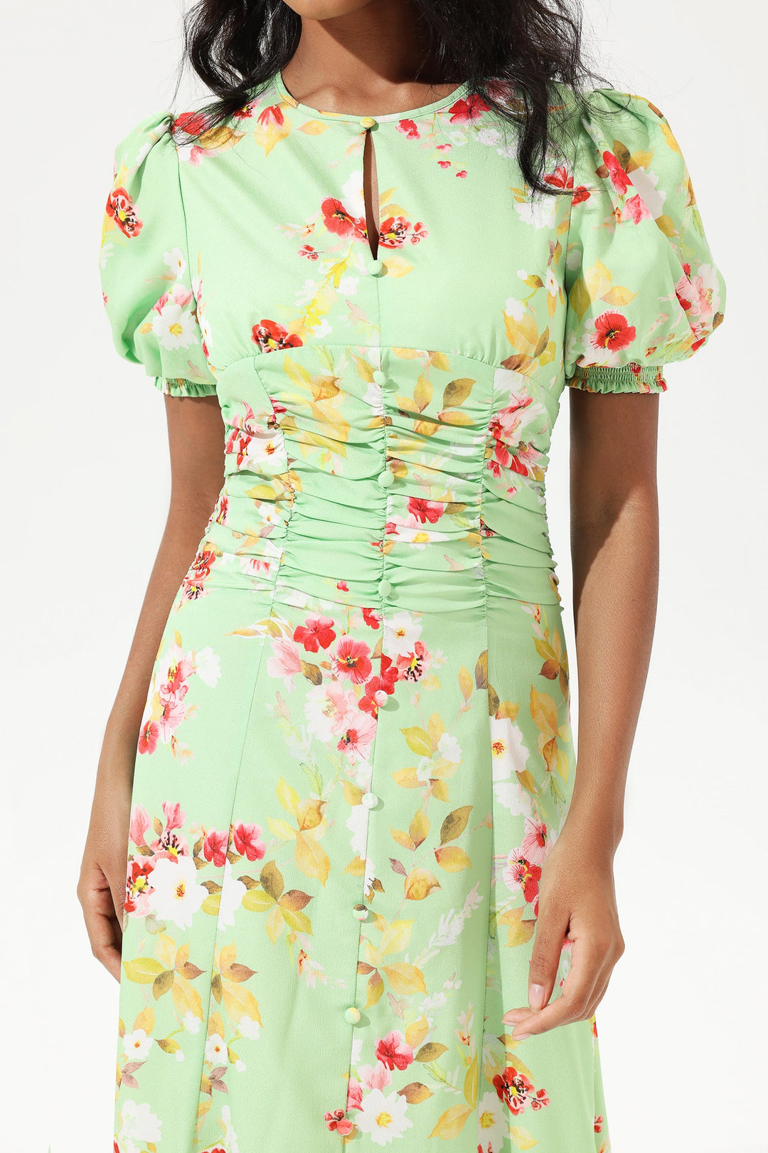 Printed Puff Sleeve Crew Collar Waist Pleated Midi Dress Green